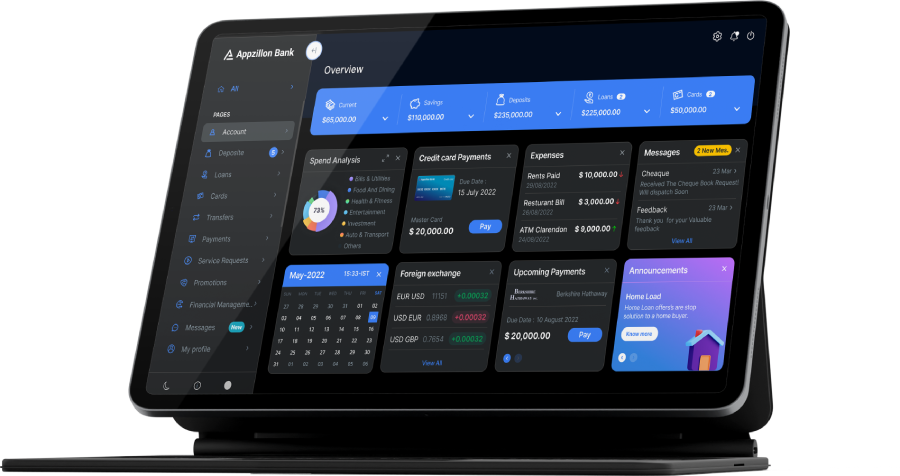 Appzillon Bank customer dashboard overview - i-exceed