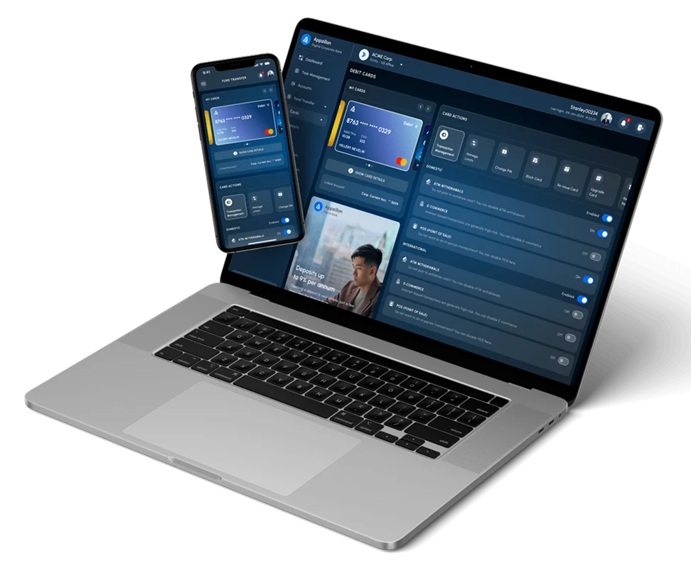 A comprehensive corporate internet banking dashboard on a tablet, featuring i-exceed’s enterprise bank software for real-time liquidity management and financial analytics.
