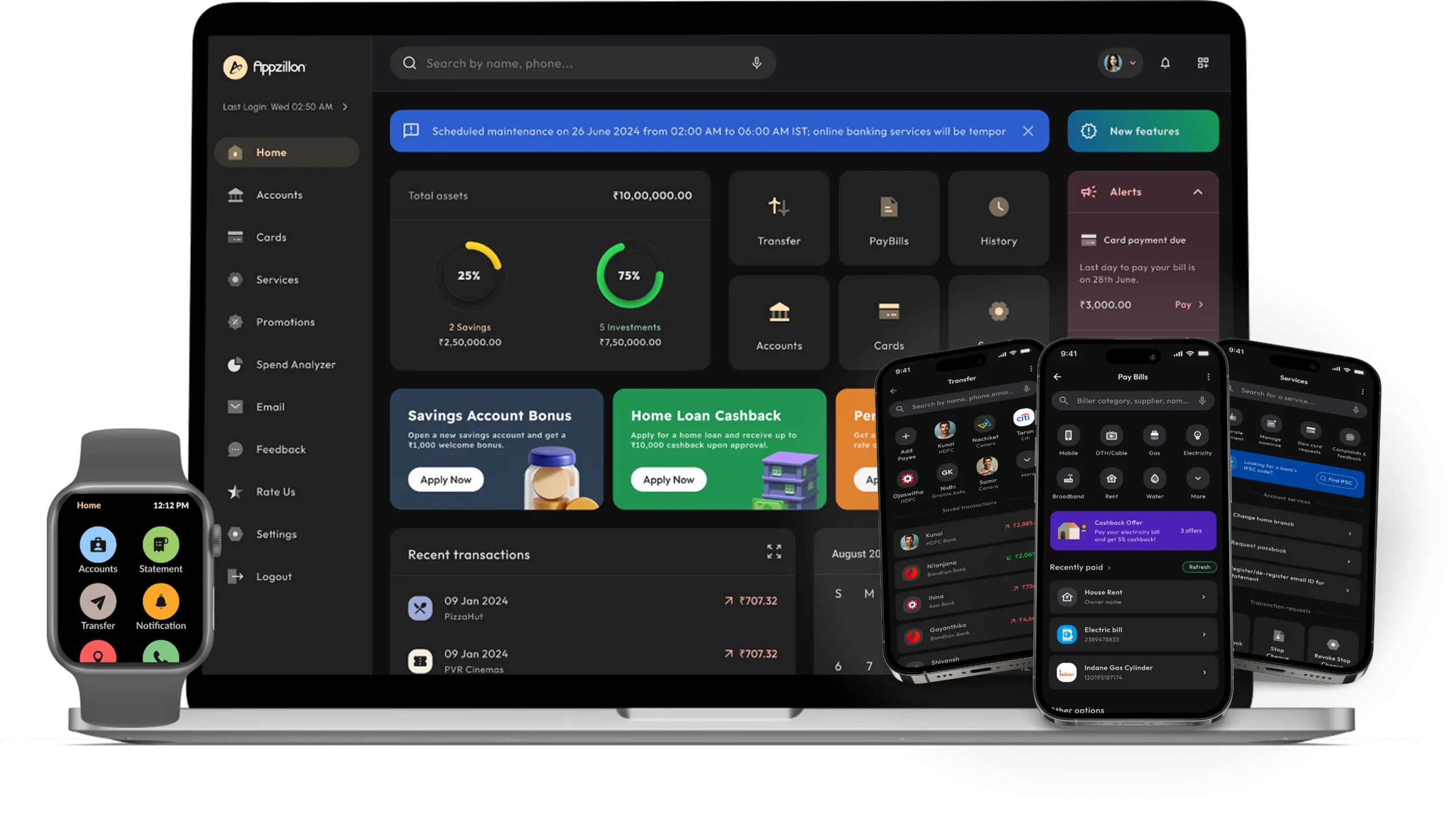 Appzillon retail banking solution interface displayed across laptop, smartphone, and smartwatch, featuring a smart dashboard for personalized digital banking experiences.