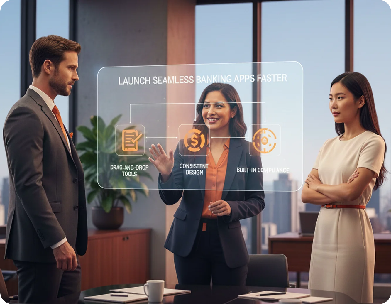 A team collaborating on the Appzillon digital banking platform interface, using drag-and-launch frameworks to build seamless omnichannel customer journeys.