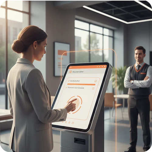 Customer onboarding instantly using biometric authentication and document upload at self-service kiosk