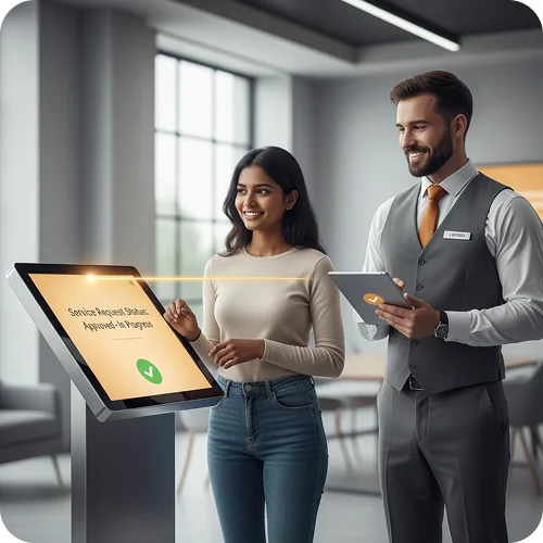 Customer tracking service request status in real-time with automated staff alerts and updates