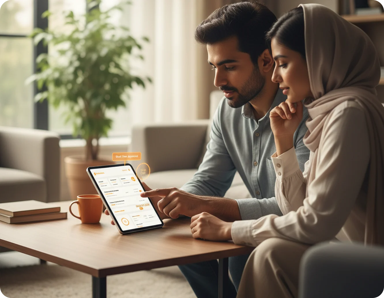 A couple reviewing a Sharia-compliant digital banking journey for family finance in their Islamic Banking Solution on a mobile device.