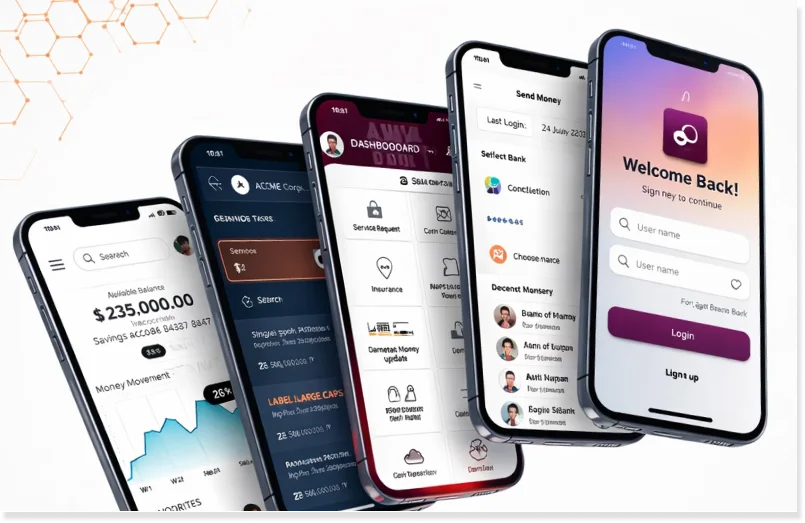Dashboard interface of Appzillon low-code digital banking platform shown on multiple mobile devices, highlighting quick application development and deployment for financial services.